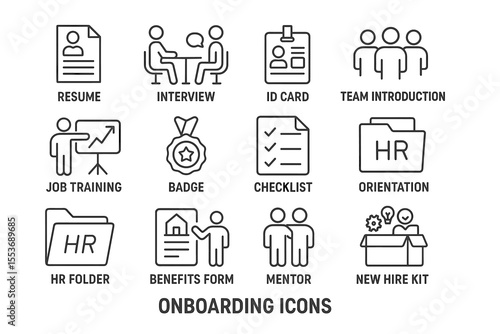 Onboarding icons: resume, interview, id card, team introduction, job training