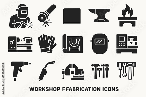 Workshop fabrication icons: welding, tools, machinery illustrations