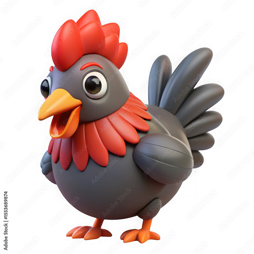 Cute cartoon chicken with black feathers and red comb isolated on transparent background Cute cartoon chicken with black feathers and red comb isolated on transparent background