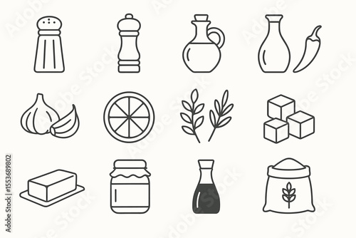 Collection of culinary icons: spices, oils, vegetables, and sauces