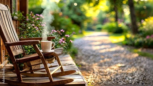 Cozy rocking chair on a porch with steaming coffee, surrounded by blooming flowers and a peaceful garden path