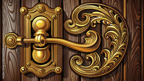 Close up Elegant brass door handle with intricate curves on rich dark brown wooden surface featuring ample copy space for personalized text white background