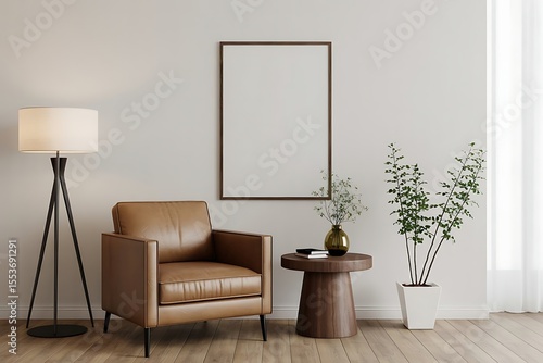 Cozy living room corner with brown leather armchair floor lamp and plants