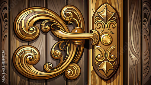 Close up Elegant brass door handle with intricate curves on rich dark brown wooden surface featuring ample copy space for personalized text white background