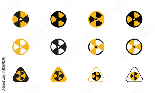 Collection of radiation hazard symbols in circular and triangular warning sign formats