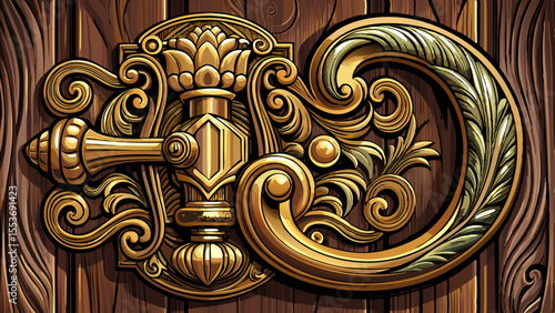 Close up Elegant brass door handle with intricate curves on rich dark brown wooden surface featuring ample copy space for personalized text white background