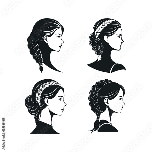 Silhouette vector set of woman with dutch braid hairstyle