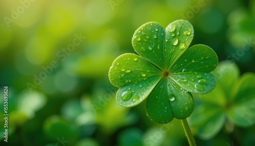 Close up of a dew covered four leaf clover with a soft green background