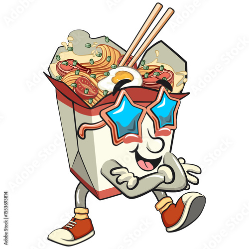 cute chinese noodles box mascot cartoon vector wearing stars shaped beach sunglasses, kawaii ramen takeout character with chopsticks, isolated food illustration asian cuisine, work of hand drawn