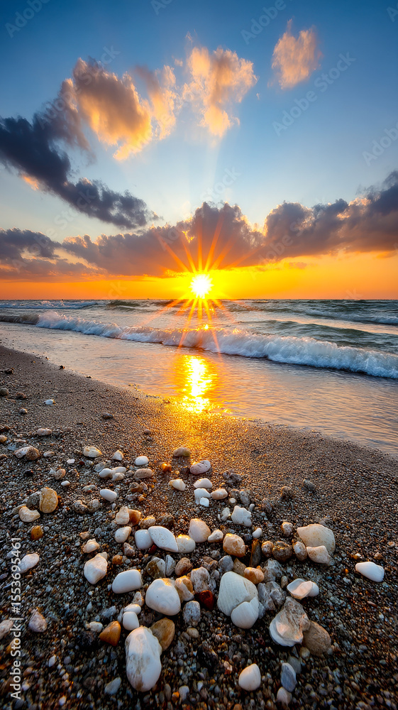 Obraz premium A vibrant golden sunset over a pebble beach with waves on the horizon.