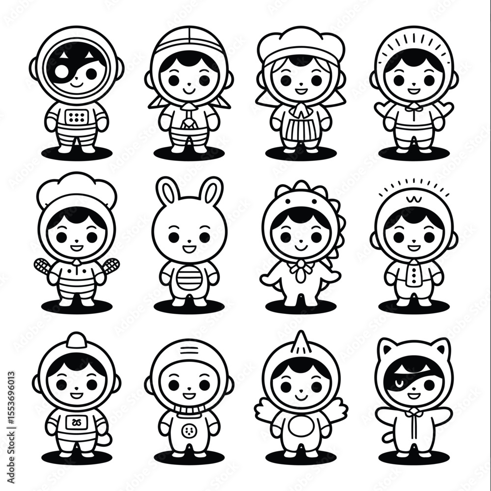 Twelve cute cartoon children in various costumes, perfect for childrens book illustrations, party invitations, and educational materials. Twelve cute cartoon children in various costumes, perfect for childrens book illustrations, party invitations, and educational materials.