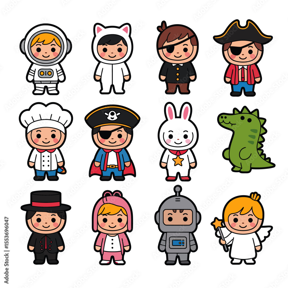 Twelve cute children in varied costumes. Ideal for Halloween, school plays, themed parties, and childcare materials, captivating diversity. Twelve cute children in varied costumes. Ideal for Halloween, school plays, themed parties, and childcare materials, captivating diversity.