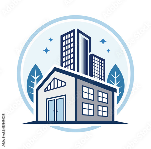 logo, Modern Real Estate Building Logo with Circle Frame in Blue Vector Style