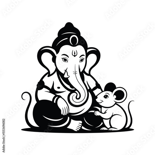 Lord Ganesha, the Hindu god, depicted with his mouse. Suitable for religious, cultural, and spiritual design projects and materials.