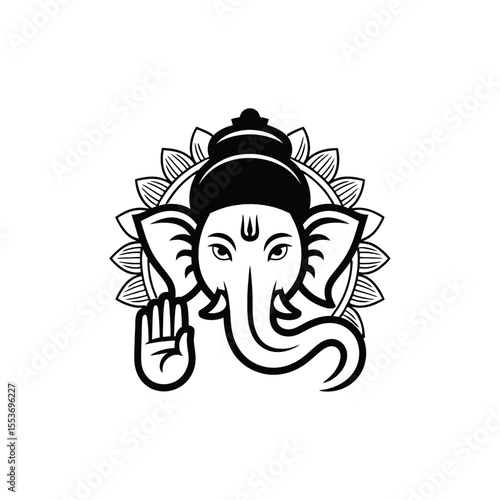 Line drawing of lord Ganeshas head. Suitable for spiritual designs, posters, decorations, tattoos, and cultural artwork related to Hinduism.