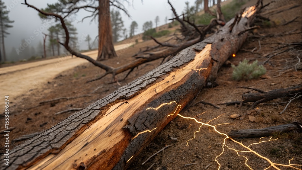 Obraz premium Fallen branch burned by lightning, natural scorch marks along a split grain surface