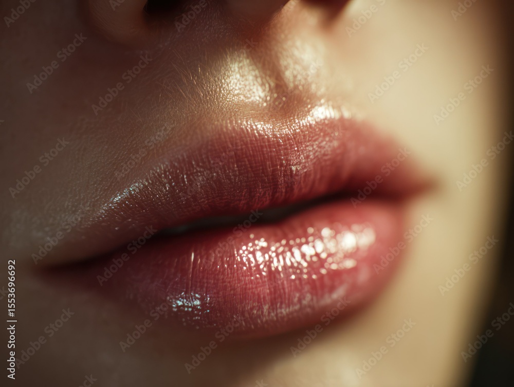 Fototapeta premium Close-up of glossy, hydrated lips in soft focus revealing delicate skin and subtle details