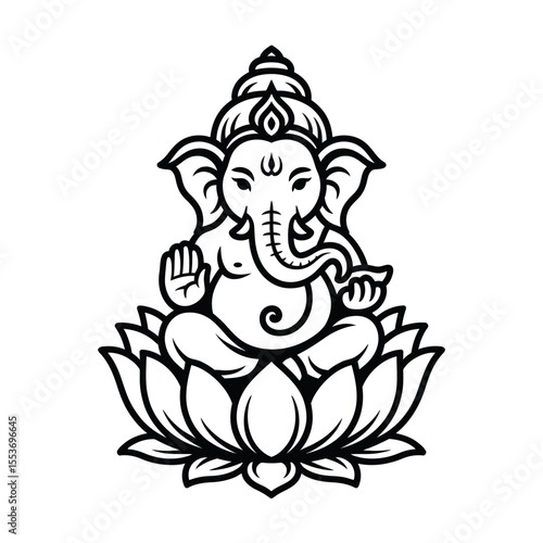 lord, ganesha, black, white, line, drawing, seated, lotus, hindu, deity, elephant, god, divine, religious, symbol, traditional, art, spiritual, sacred, meditation, worship, illustration, isolated, des