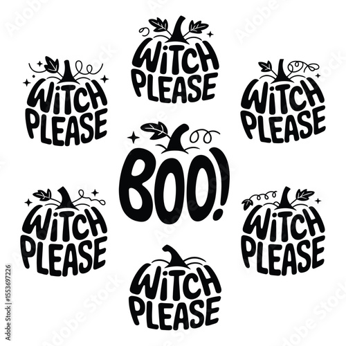 Pumpkin black and white Halloween designs with seven spooky pumpkins saying witch please and boo. Ideal for festive decorations.