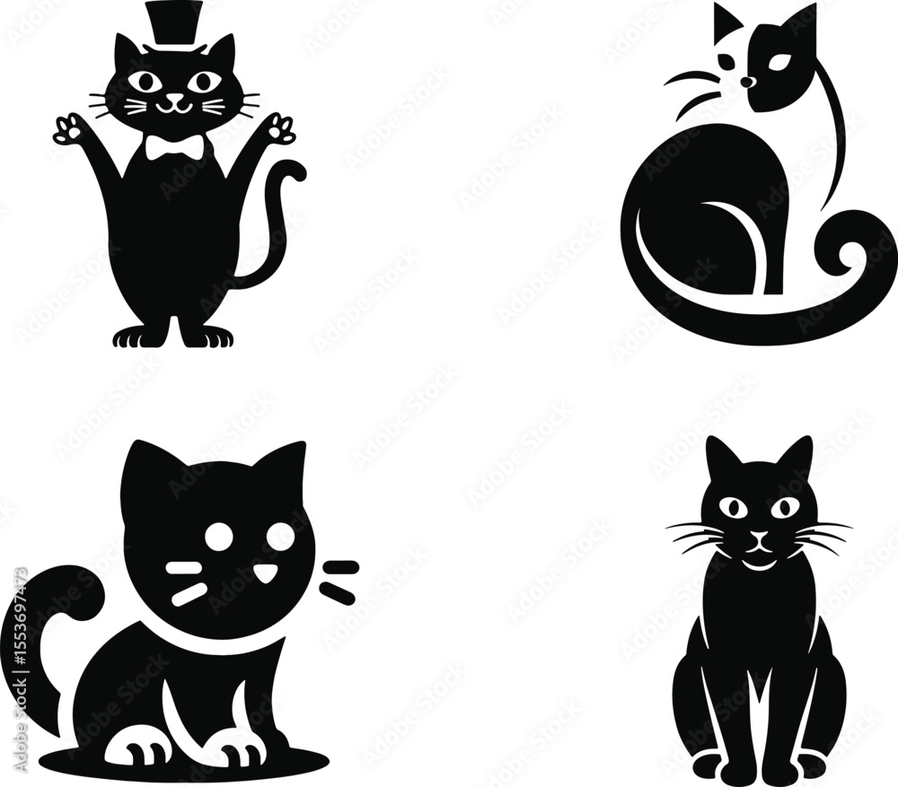 Obraz premium Funny cartoon black cat vector illustrations and cute kitten silhouette designs
