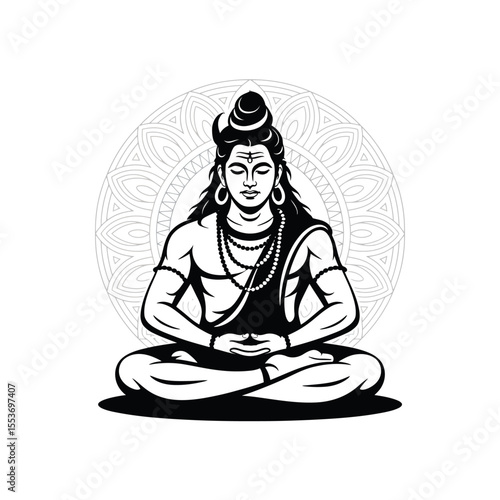 Lord Shiva meditating in a mandala, a powerful Hindu deity deep in meditation. Suitable for spiritual and religiousthemed designs.