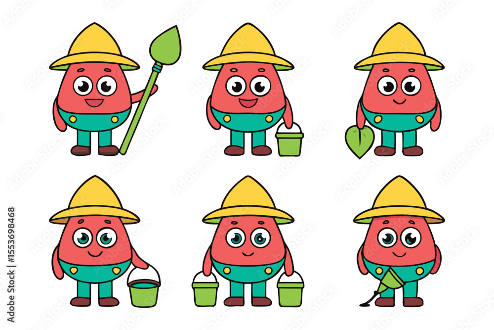 Fototapeta premium Six Cute Red and Teal Cartoon Characters Gardening