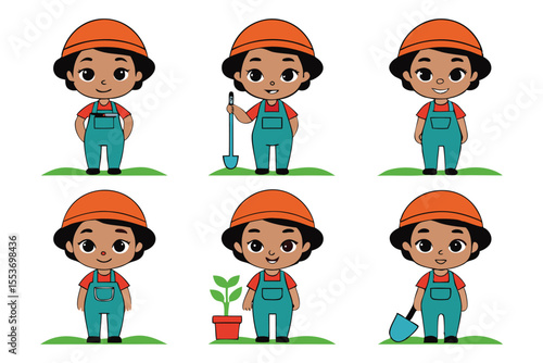Six Cute Cartoon Gardeners Orange Hats Teal Overalls