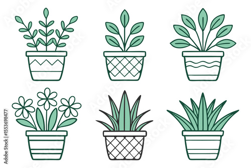 Six Green Plants in Decorative Pots Vector Bundle potted plants