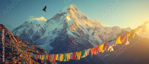 AI generator image of Buddhism, Colorful prayer flags, Himalayas. The prayer flags in Xizang represent happiness North India offers a captivating blend of history, culture, and natural beauty, making 