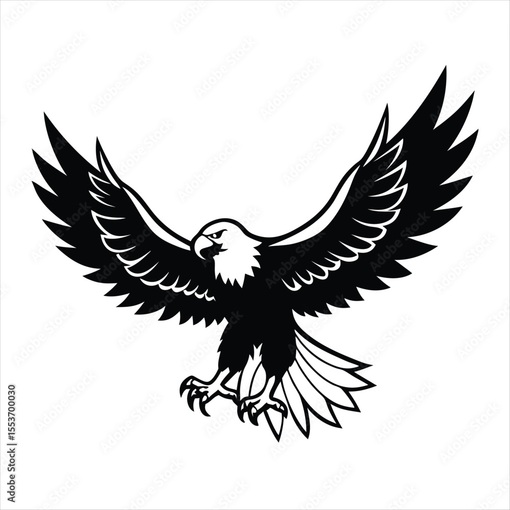 Obraz premium Black and white illustration of a majestic eagle with wings spread wide, detailed hand-drawn bird of prey in flight