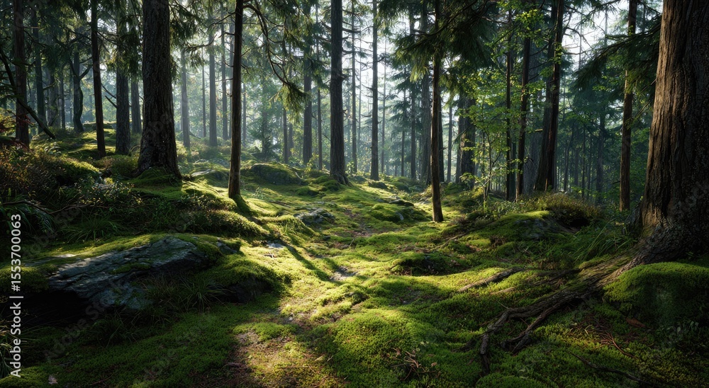 Fototapeta premium Sunlight streams through a mossy forest
