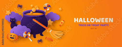 Happy Halloween orange banner, Trick or Treat party invitation background. Clouds and pumpkin in paper cut style. Vector illustration. Witch cauldron, broom, witchcraft poster. Place for text