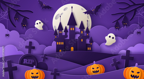 Happy Halloween Night Landscape Paper cut style. Vector illustration. Graveyard and dark horror castle. Bats, spider web and pumpkins. Spooky Scene, ghost, tombstone. Trick or treat party poster
