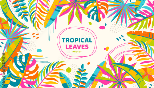 Summer colorful banner poster, palm tropical leaves, rainforest border frame. Vector illustration. Jungle exotic flyer, nature organic brochure template. Place for text. Tropic beach party background