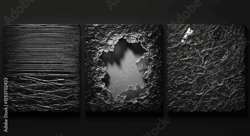 Abstract Black and White Textures Wood, Torn Metal, and Embossed Leather