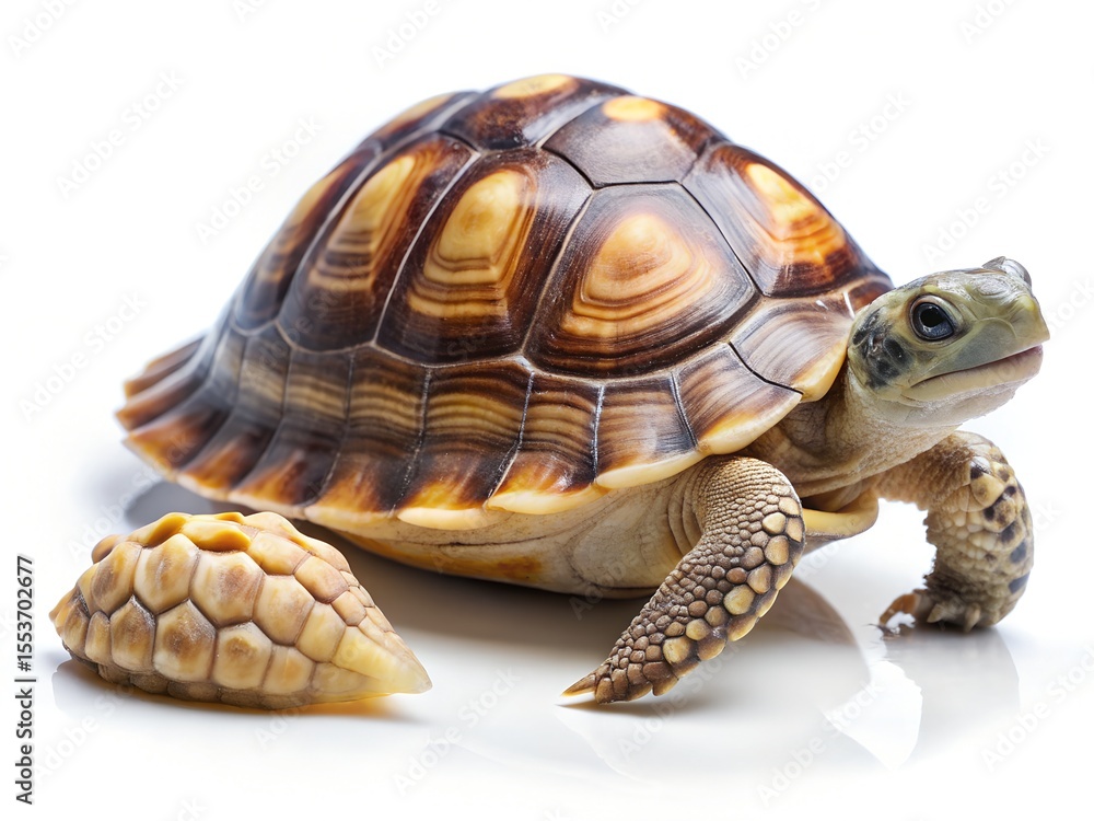 A baby tortoise and its eggshell are isolated on white background A baby tortoise and its eggshell are isolated on white background