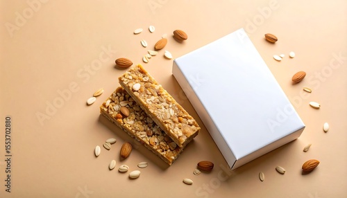 Protein Bars Mockup with Blank White Box and Scattered Almond Nuts on Beige