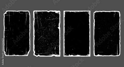 Set of four grunge textured black rectangles, distressed vector illustration