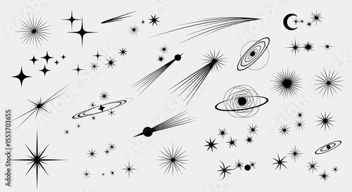 Celestial Elements Stars, Comets, and Planets - Vector Illustrations
