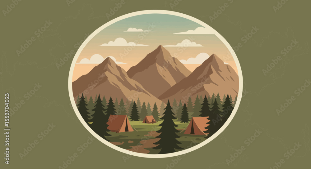 Fototapeta premium Flat mountain landscape illustration – scenic view with pine trees and pastel tones.