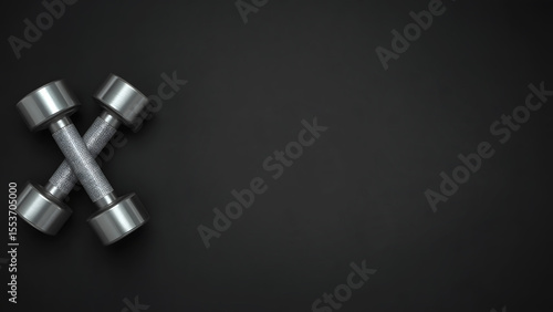 Top View of Gym Dumbbells on Matte Black Background in Symmetrical Minimalist Layout