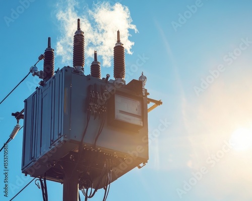 Telephoto view of an electrical transformer under stress from heat, showing risk to power infrastructure. Energy concept.