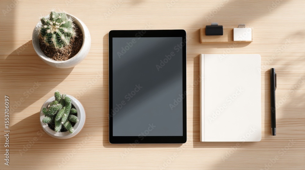 Fototapeta premium Elegantly arranged workspace features a tablet, a notebook, and a small cactus on a light wood surface, creating a serene and tidy atmosphere for productivity.