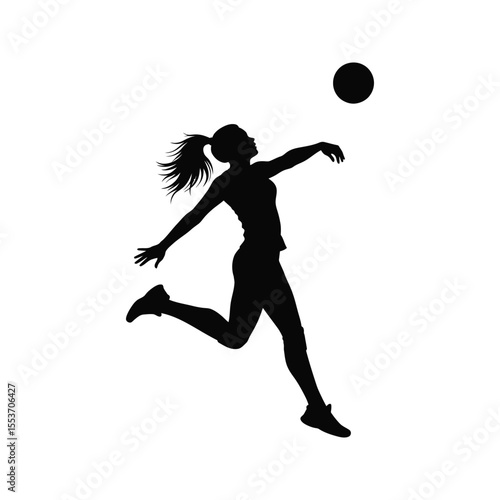 Silhouette of a female volleyball player spiking the ball dynamic action pose black and white vector illustration