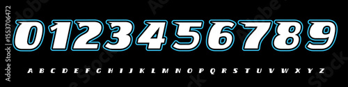 Font Logo Numbers Numeric Alphabet Typography Design Vector Type Typeface. Slanted varsity digits with retro outline, bold energy for sports jerseys, teamwear, racing numbers, dynamic game visuals