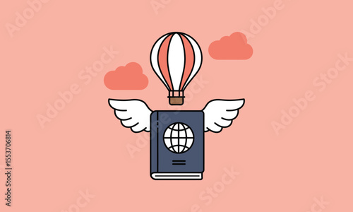 Passport with wings and hot air balloon: Embark on an adventure.A passport, depicted as a book with wings, soars through the sky, propelled by a hot air balloon.