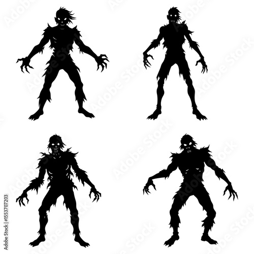 Four silhouetted zombie figures with glowing eyes and clawed hands on a white background illustration