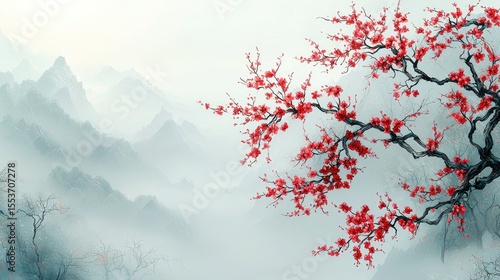 Misty mountainscape with a blossoming cherry tree.