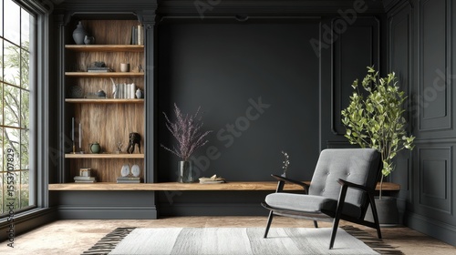 Modern luxury living room interior background, living room interior mockup, interior with black walls, dark interior of living room with black wall, chair, and wooden console,.