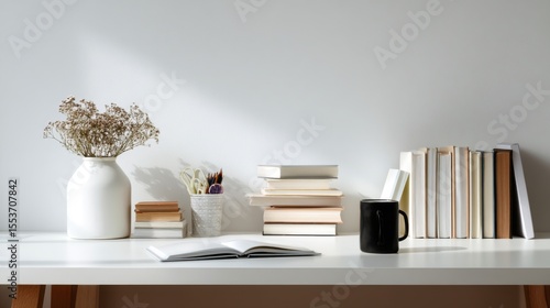 Workspace - office table, empty desk with books and supplies against the white wall, copy space for text or product showcase.